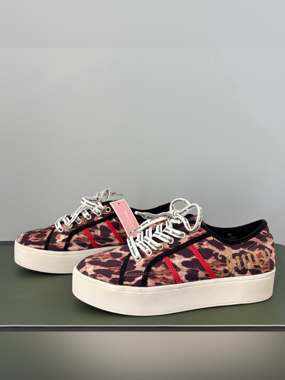 Juicy Couture Leopard Print Platform Sneakers with Red Stripes